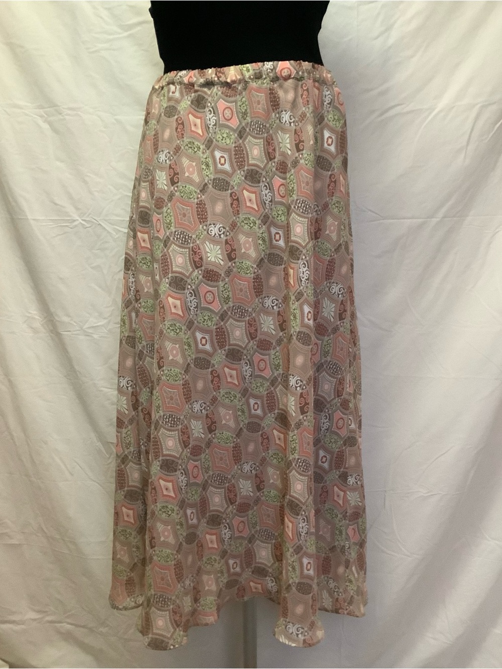 Christopher & Banks Midi Skirt-Taupe Pink Green Circle Pattern-Sheer-Lined-M